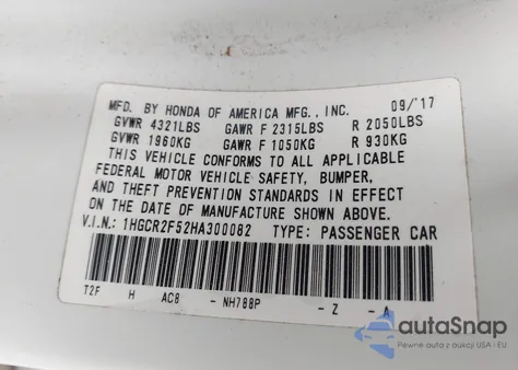 2017 Honda Accord Sport from USA, damaged, VIN 1HGCR2F52HA300082